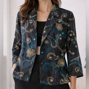 Amanda Smith 100% Silk Blazer Size 6 Teal Gold Floral Print Lightweight Jacket